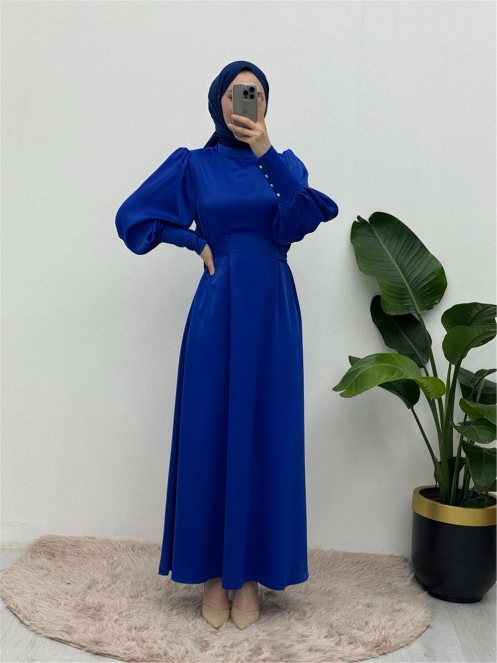 Long Cuffed Waist Tied Satin Balloon Sleeve Dress - Saks-386-6103-R10