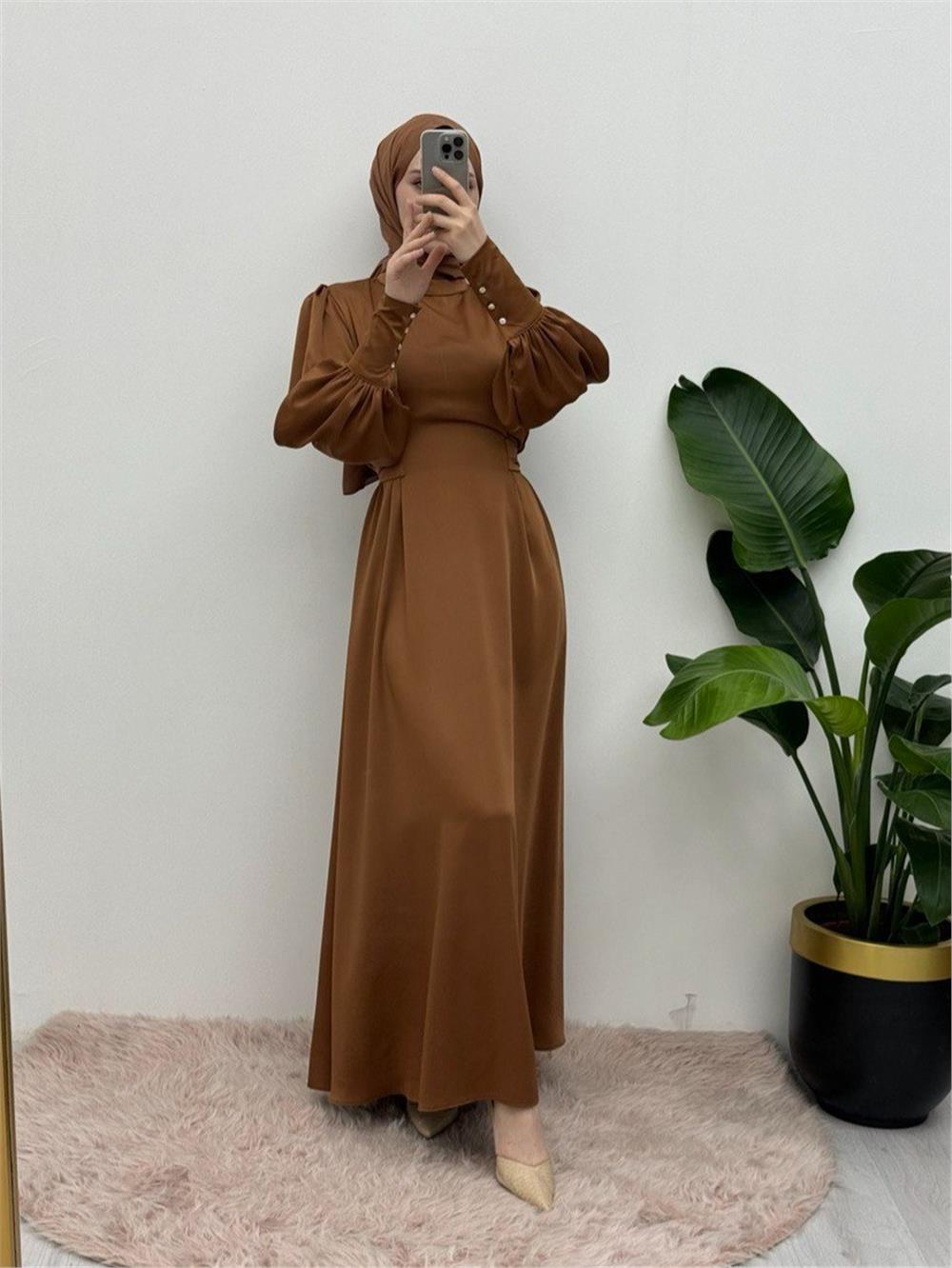 Long Cuffed Waist Tied Satin Balloon Sleeve Dress -Tan-386-6103-R12