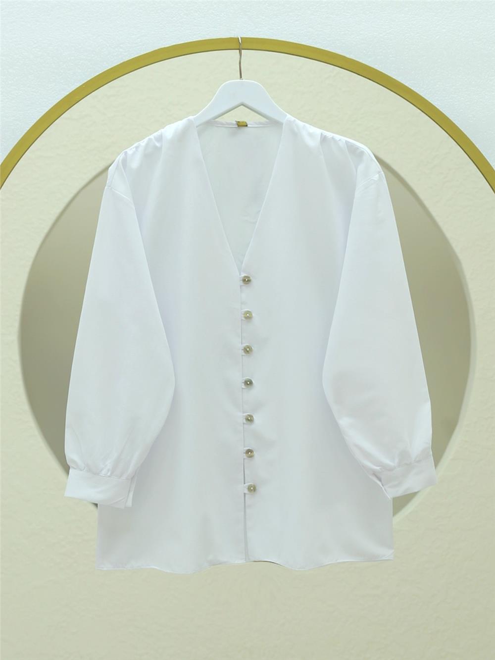 V Yaka Boydan Düğmeli Poplin Gömlek  -Beyaz-120-1603-R02