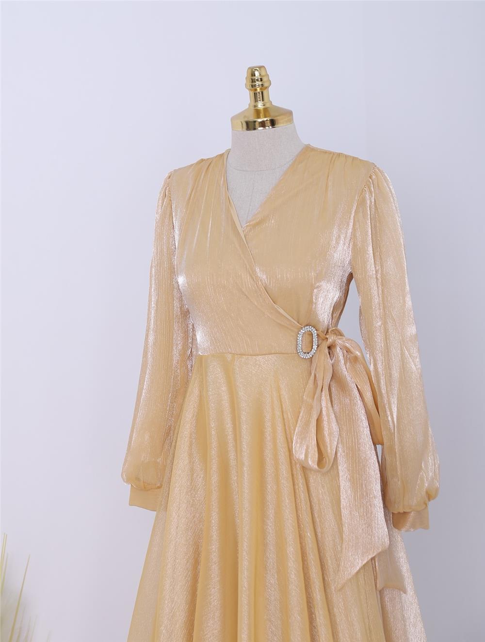 V-Neck Brooch Detailed Tulle Evening Dress -Yellow-337-6726-R22
