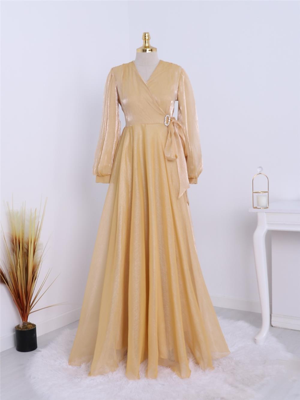 V-Neck Brooch Detailed Tulle Evening Dress -Yellow-337-6726-R22