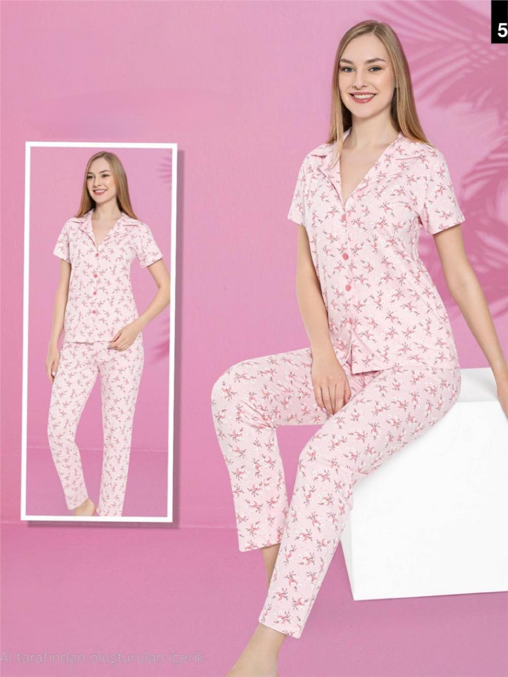 V Yaka Düğmeli Çiçek Desenli Kısa Kollu Pijama Takımı -Pudra-416-55750-R06