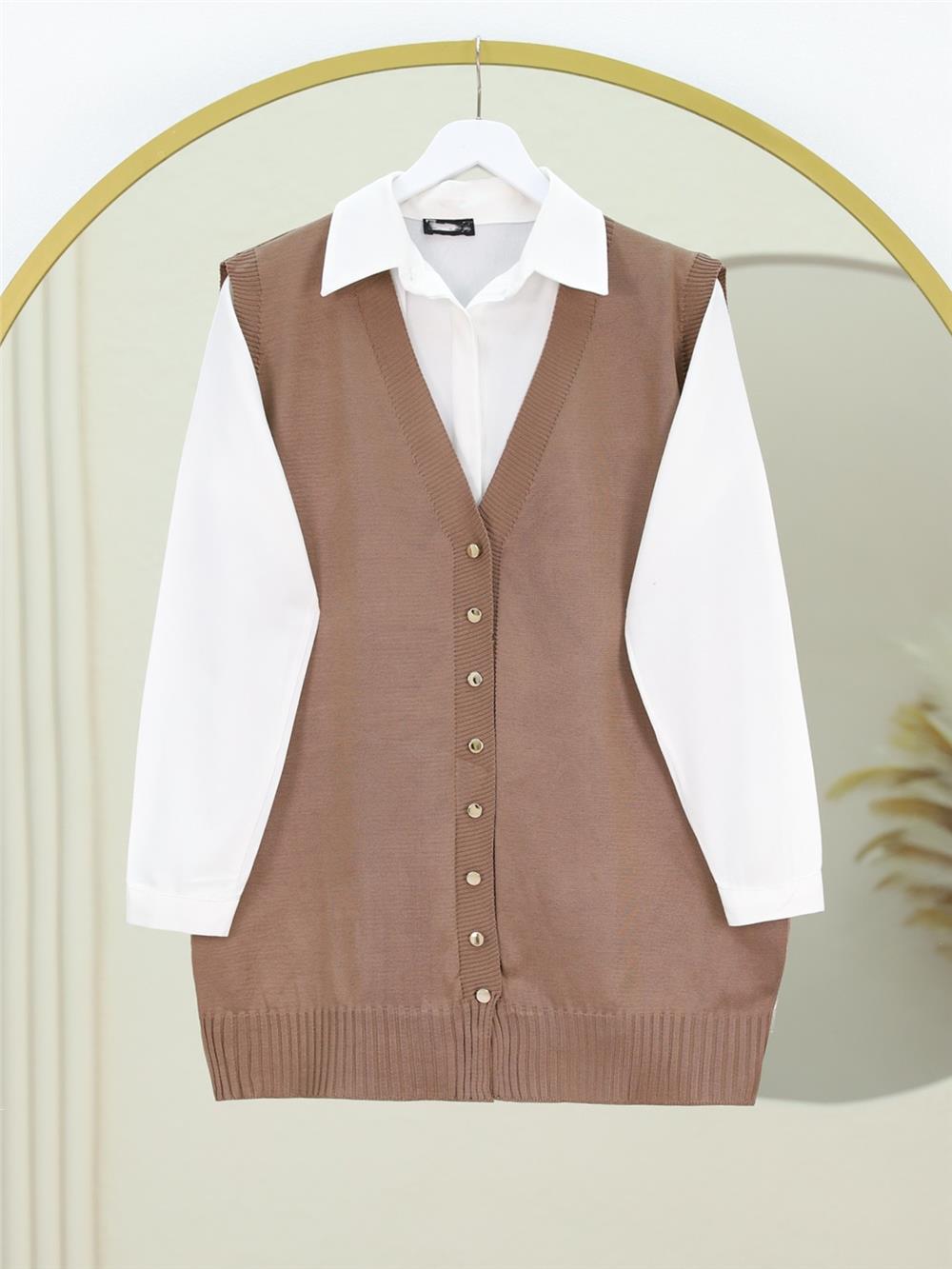 V Yaka Düğmeli Triko Yelek -Açık Kahve-109-9741-R76