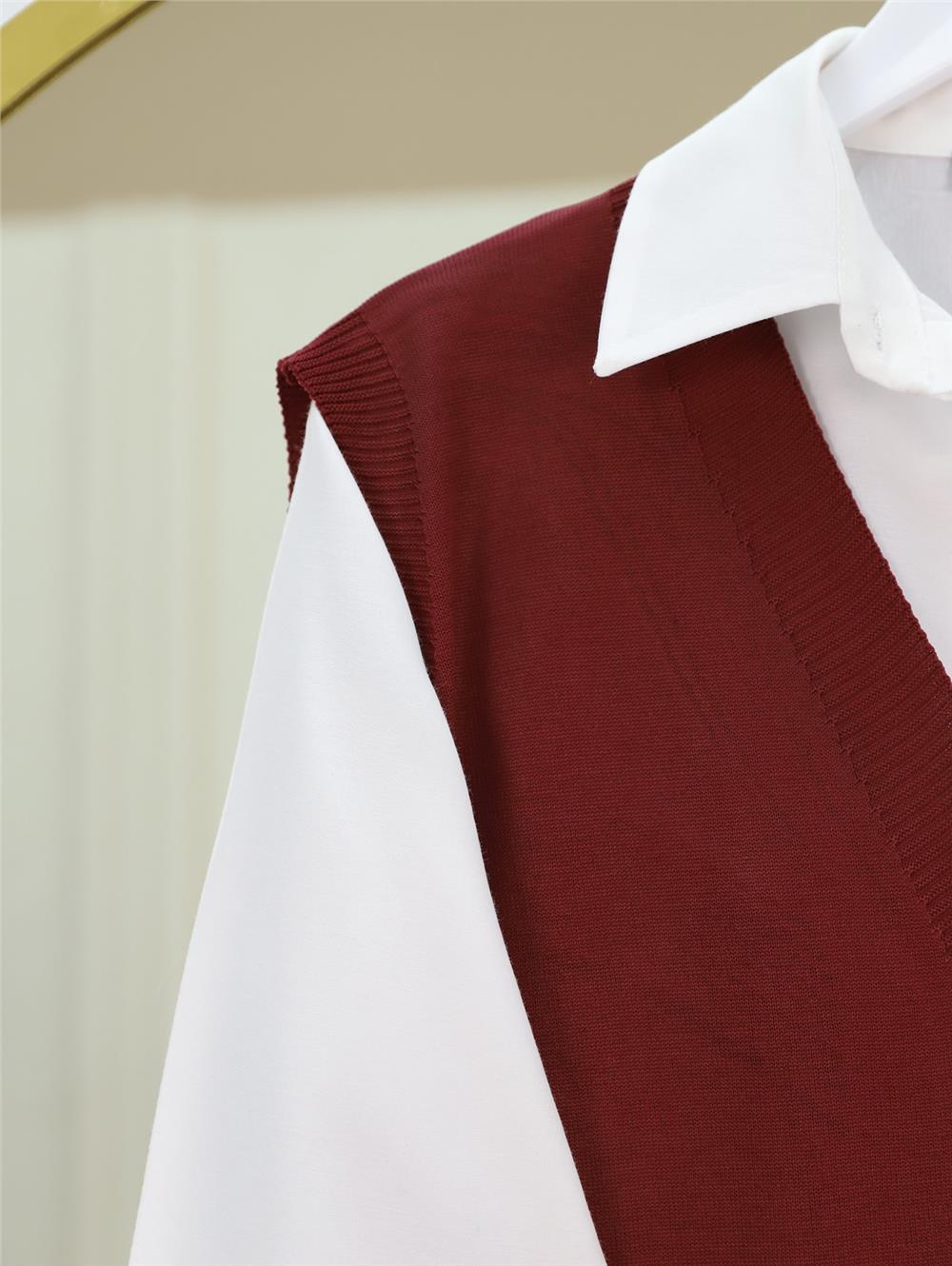 V Yaka Düğmeli Triko Yelek -Bordo-109-9741-R04