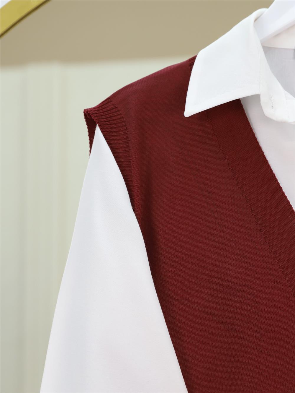 V Yaka Düğmeli Triko Yelek -Bordo-109-9741-R04