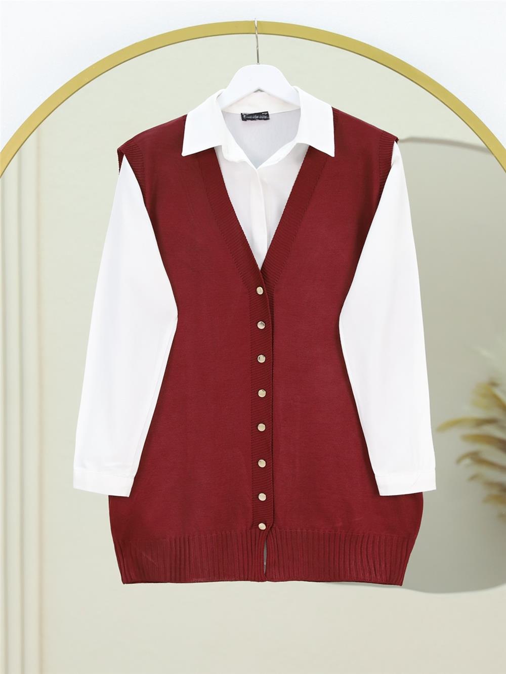 V Yaka Düğmeli Triko Yelek -Bordo-109-9741-R04