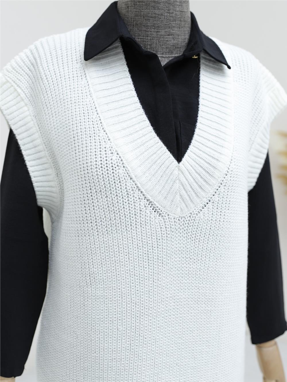 V-neck Wide Ribbed Solid Brass Knitted Long Sweater - White-280-4033-R02