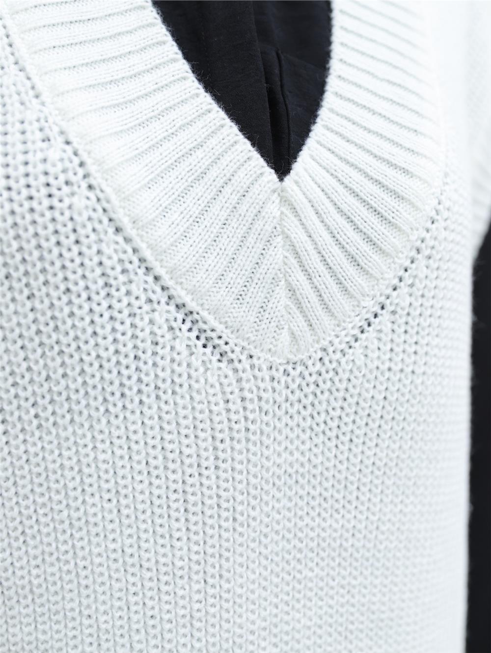 V-neck Wide Ribbed Solid Brass Knitted Long Sweater - White-280-4033-R02