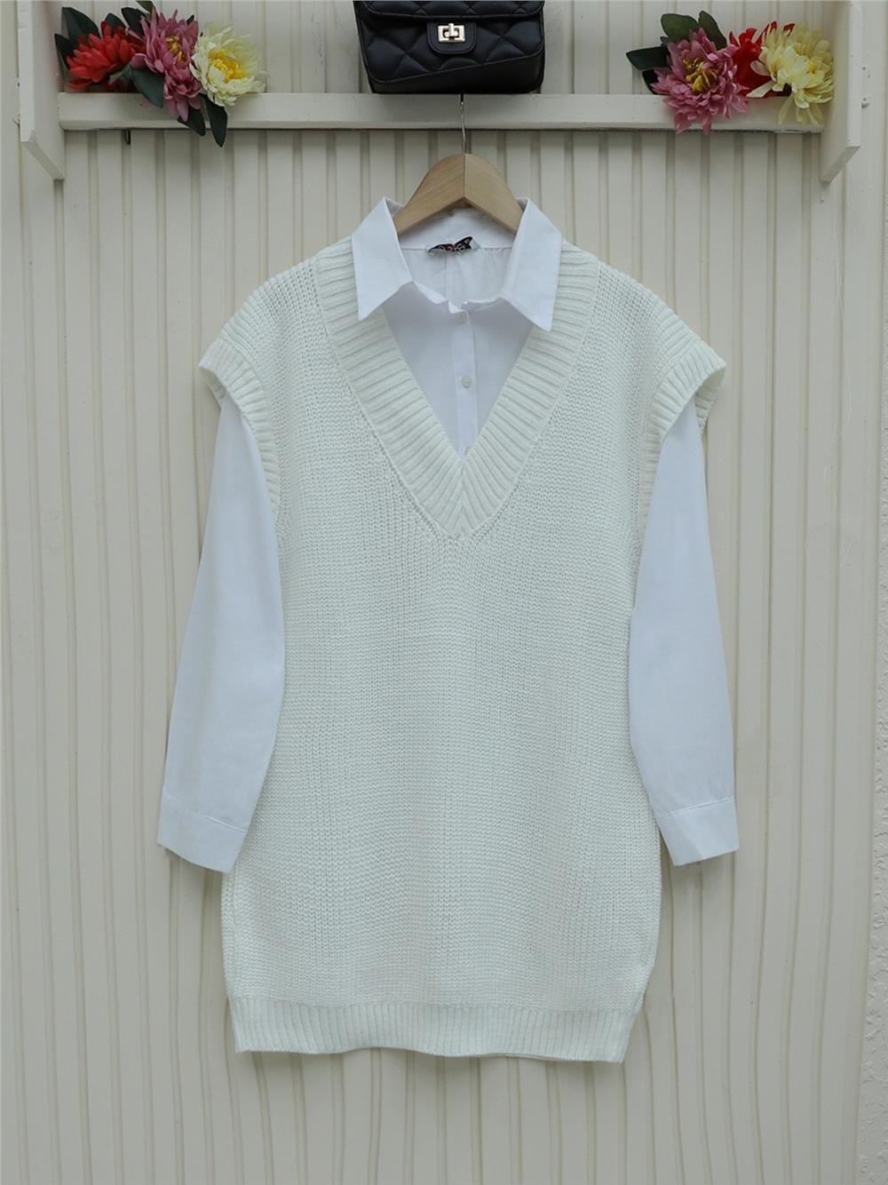 V-neck Wide Ribbed Solid Brass Knitted Long Sweater - White-280-4033-R02