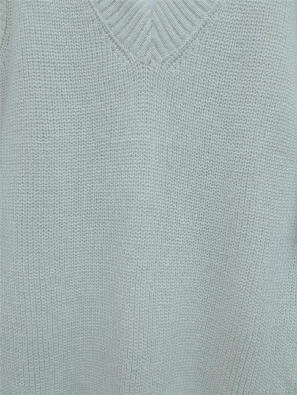 V-neck Wide Ribbed Solid Brass Knitted Long Sweater - White-280-4033-R02
