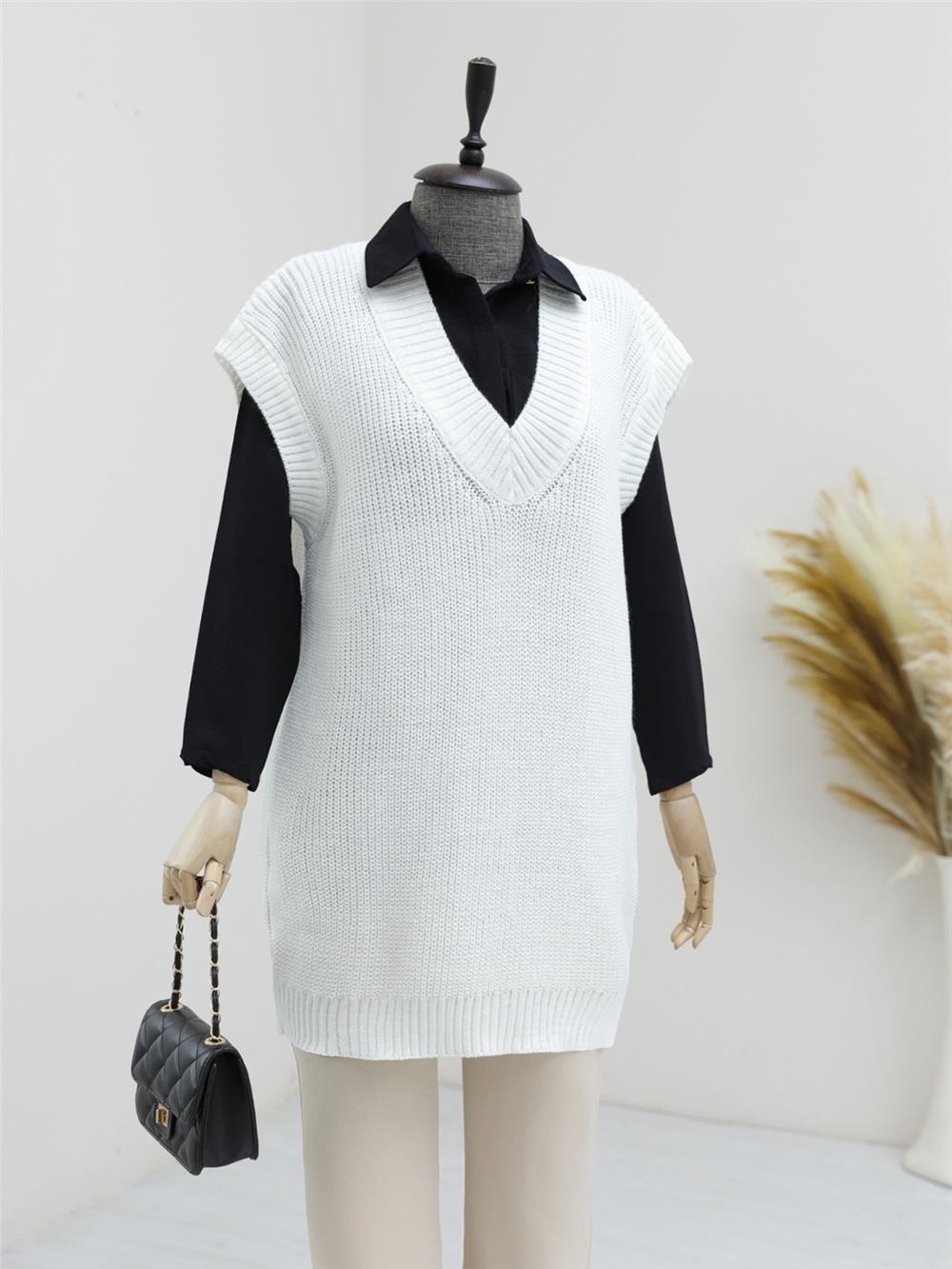 V-neck Wide Ribbed Solid Brass Knitted Long Sweater - White-280-4033-R02