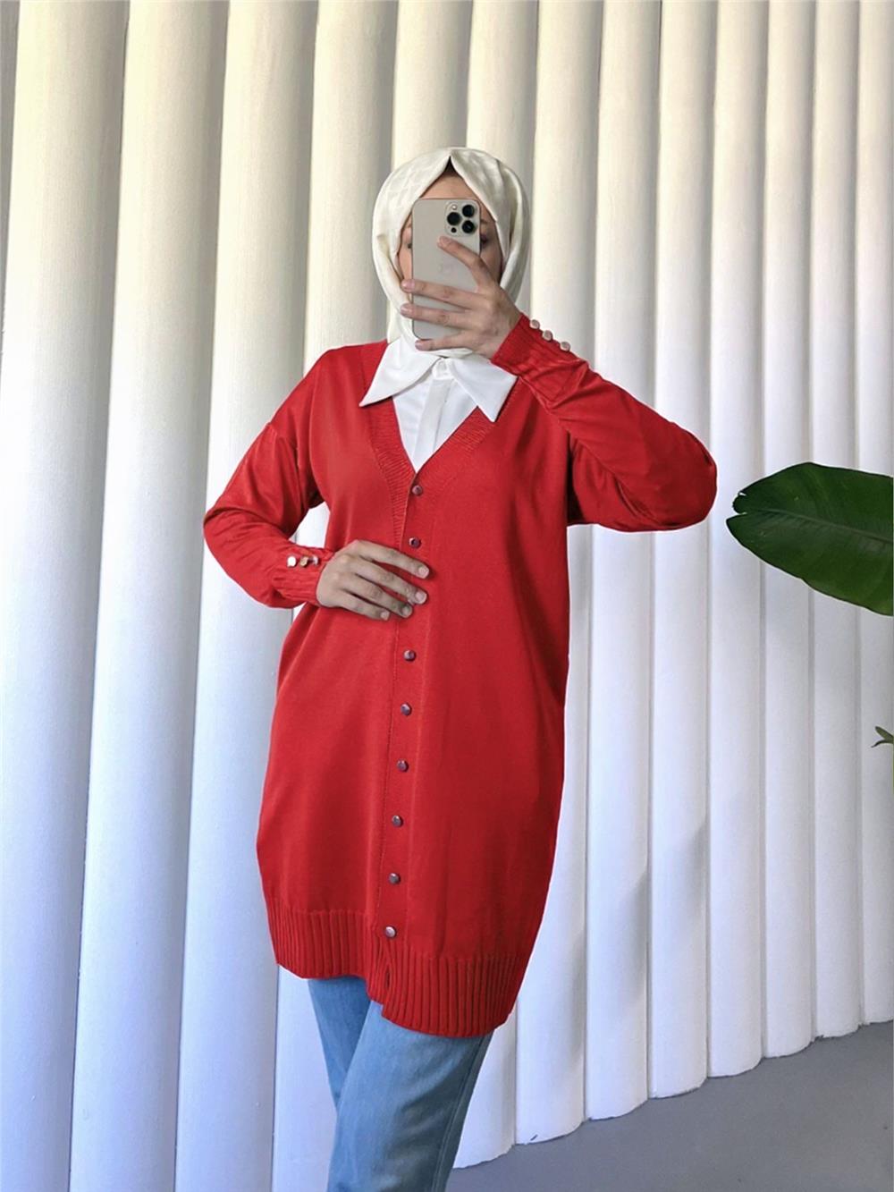 V Yaka Önü Düğmeli Triko Hırka -Kırmızı-280-3176-R33