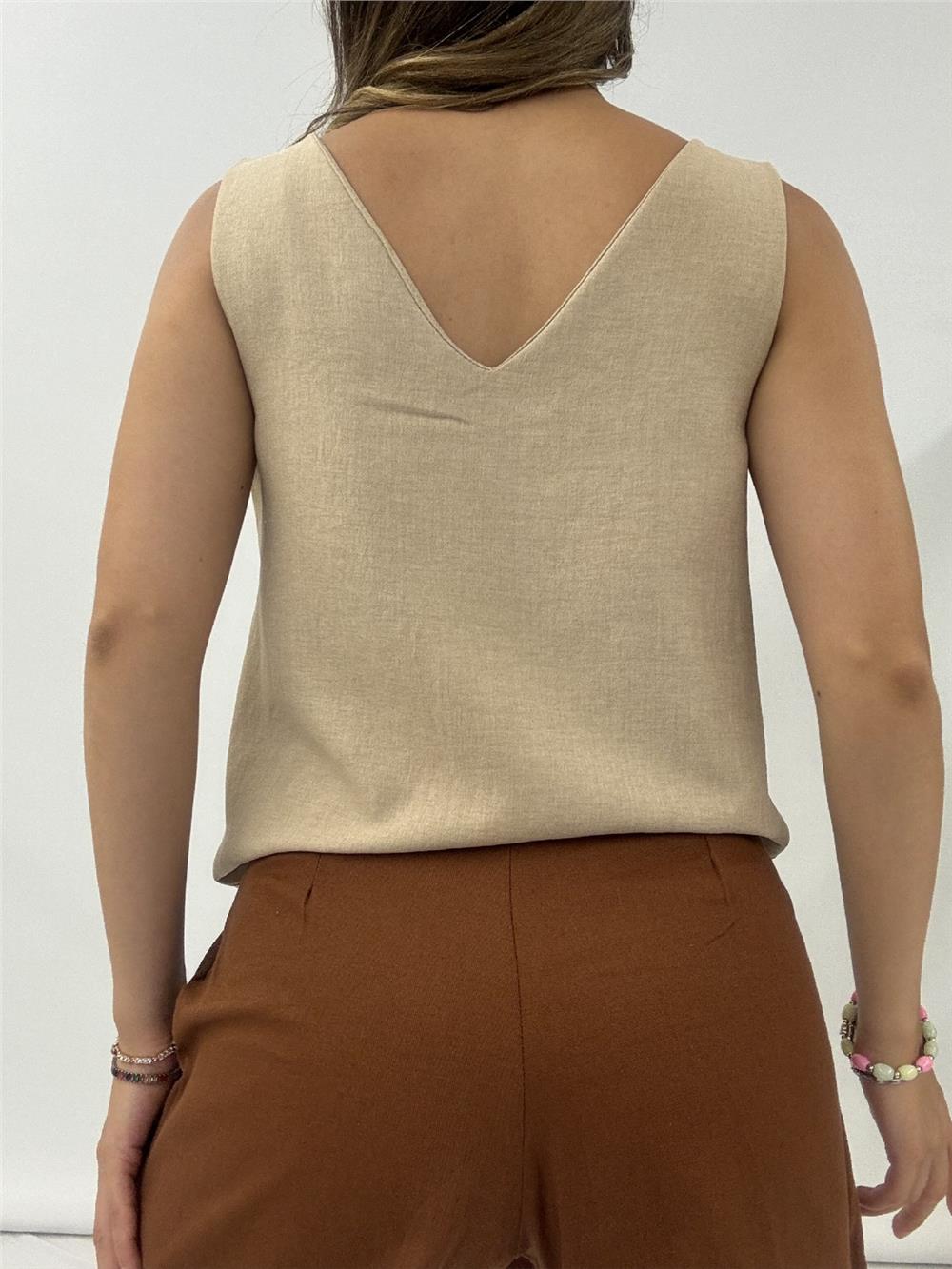 V-Neck Zero Sleeve Linen Blouse -Beige-246-2639-R56