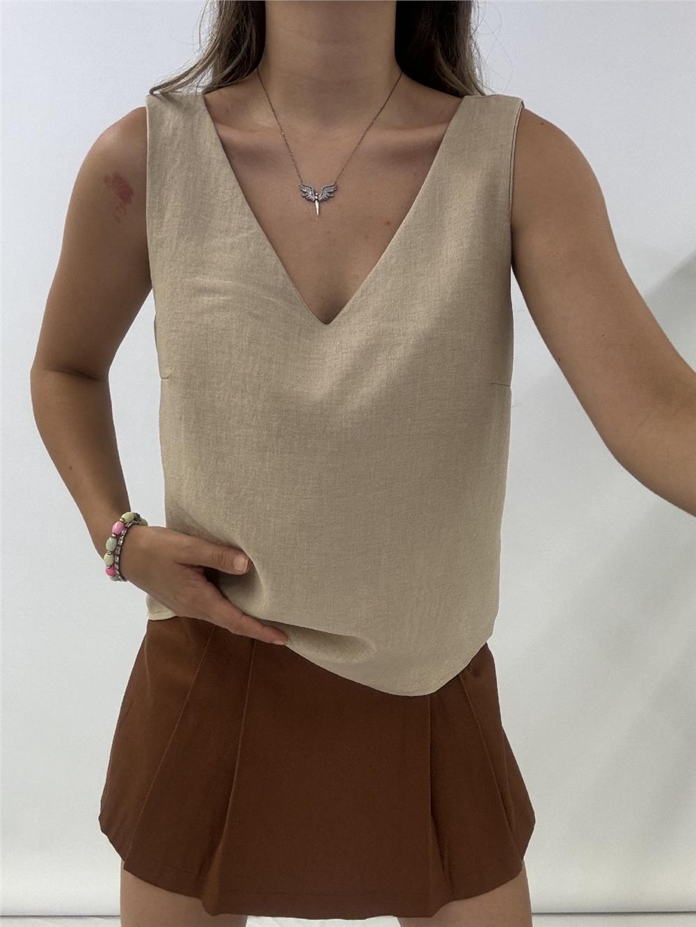 V-Neck Zero Sleeve Linen Blouse -Beige-246-2639-R56
