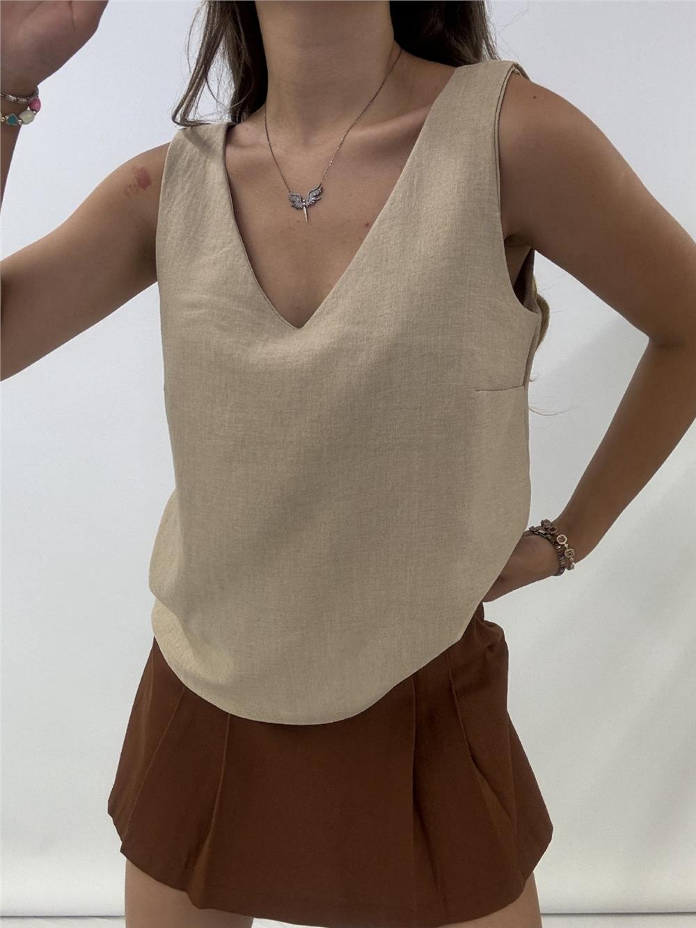 V-Neck Zero Sleeve Linen Blouse -Beige-246-2639-R56