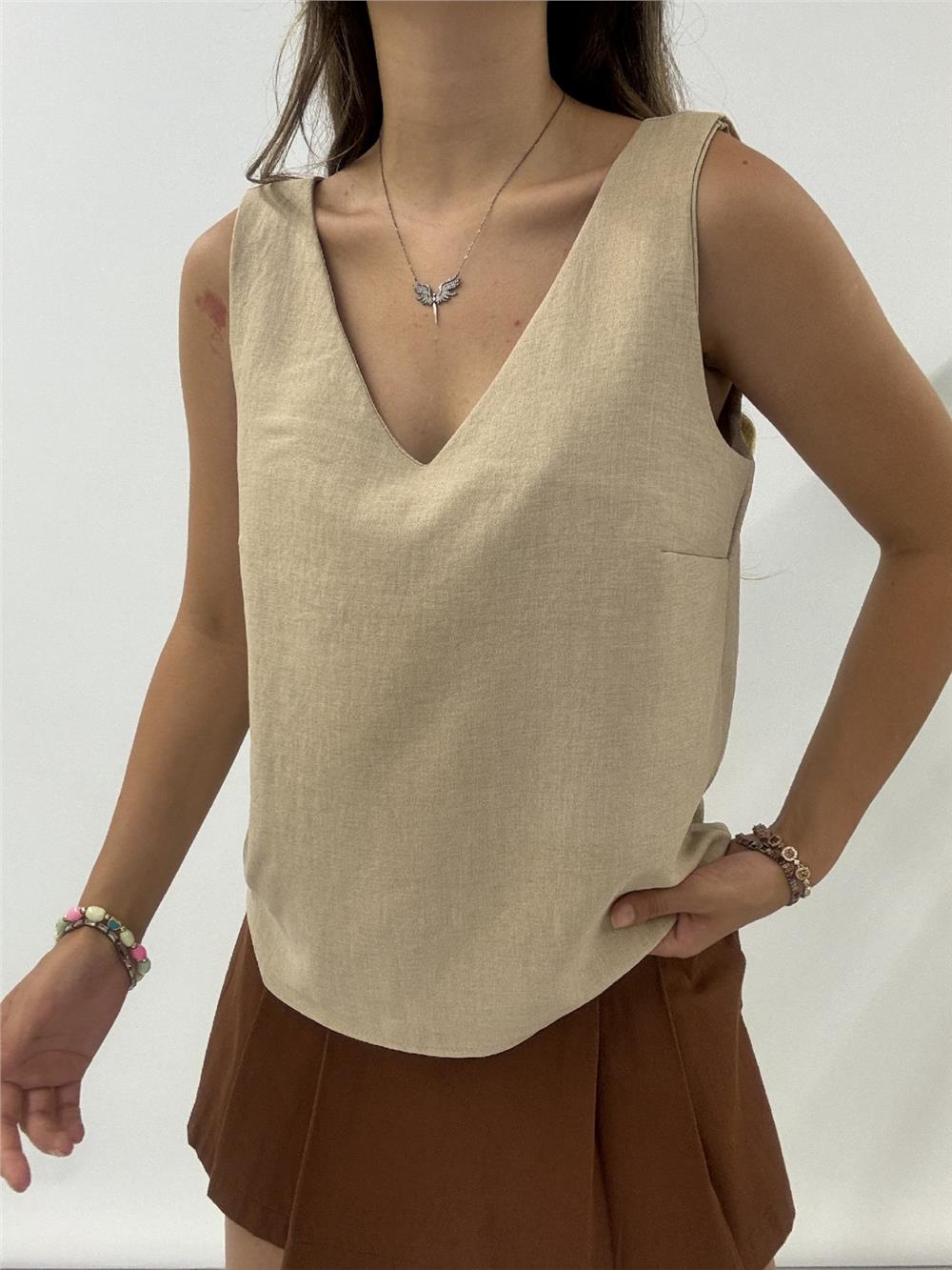 V-Neck Zero Sleeve Linen Blouse -Beige-246-2639-R56