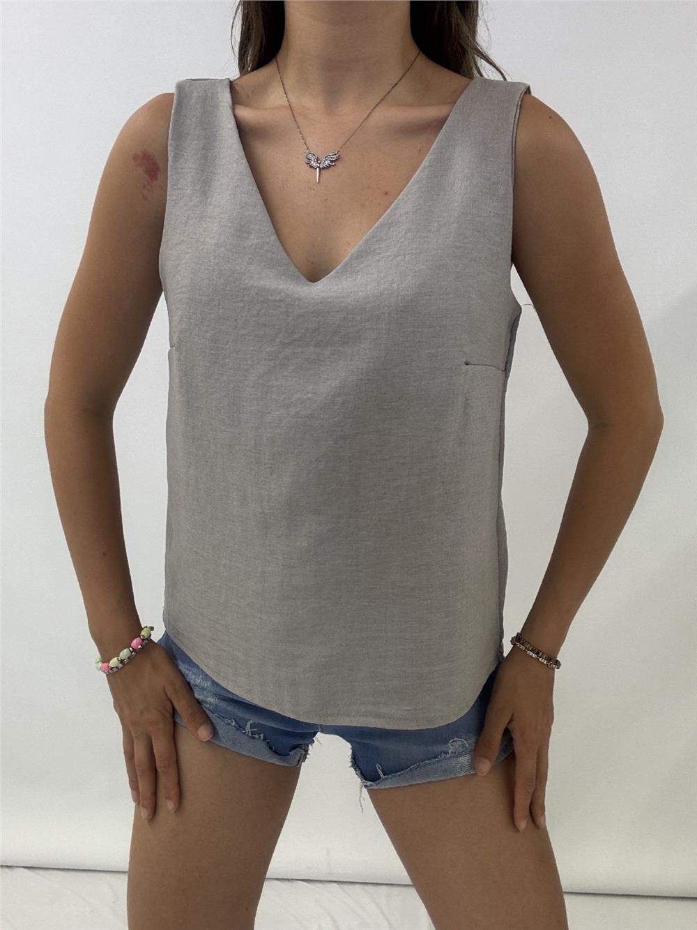 V-Neck Zero Sleeve Linen Blouse - Gray-246-2639-R11