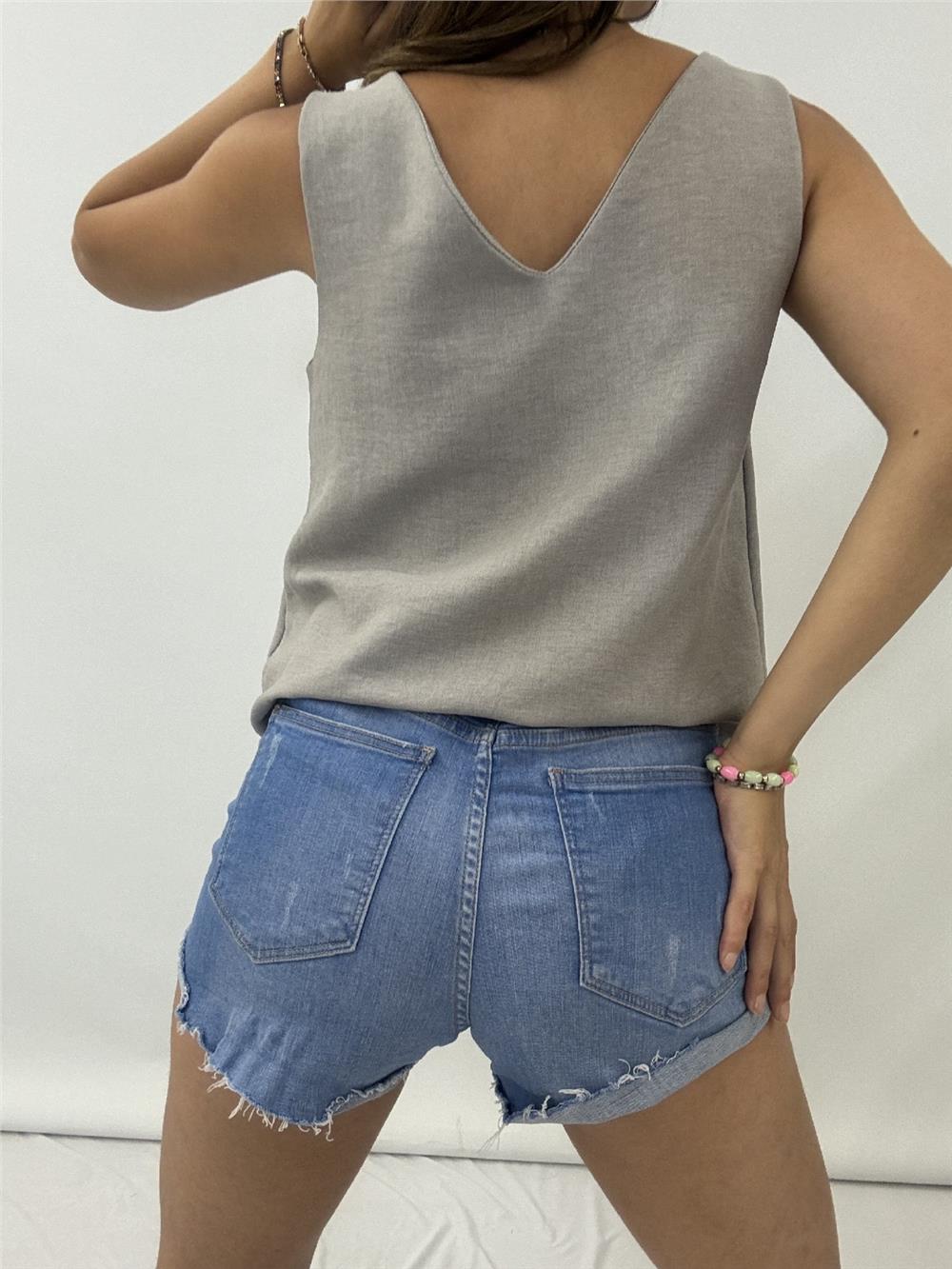 V-Neck Zero Sleeve Linen Blouse - Gray-246-2639-R11
