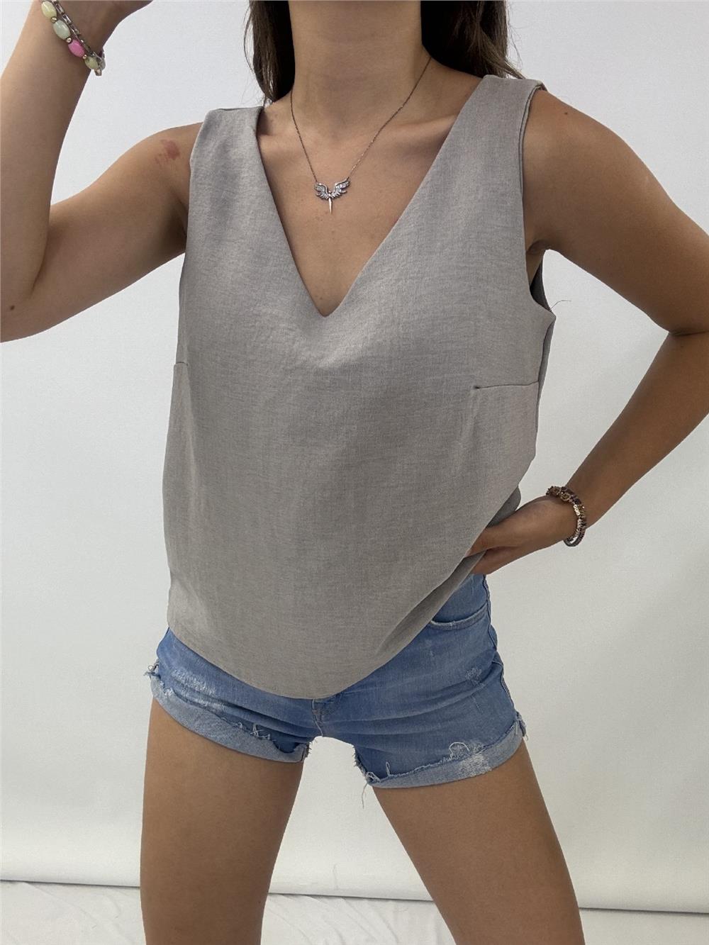 V-Neck Zero Sleeve Linen Blouse - Gray-246-2639-R11