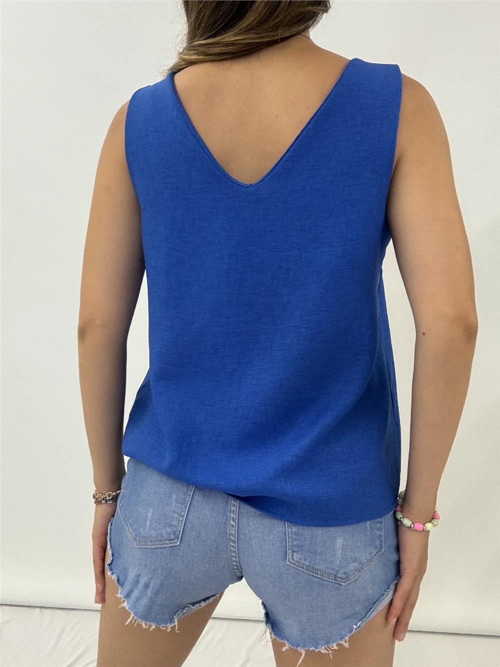V-Neck Zero Sleeve Linen Blouse -Sax-246-2639-R10