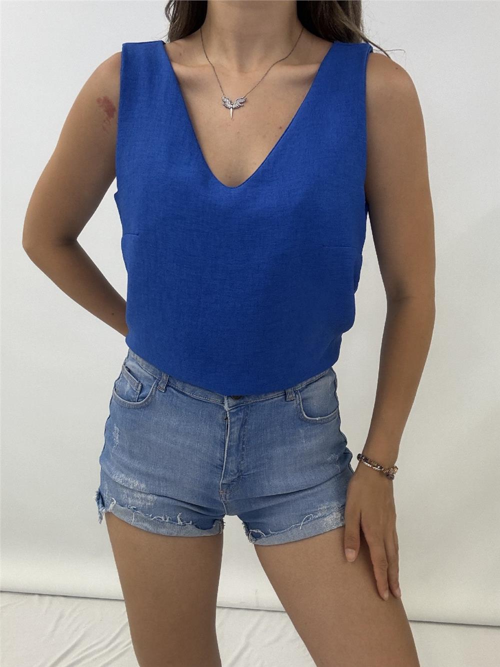 V-Neck Zero Sleeve Linen Blouse -Sax-246-2639-R10