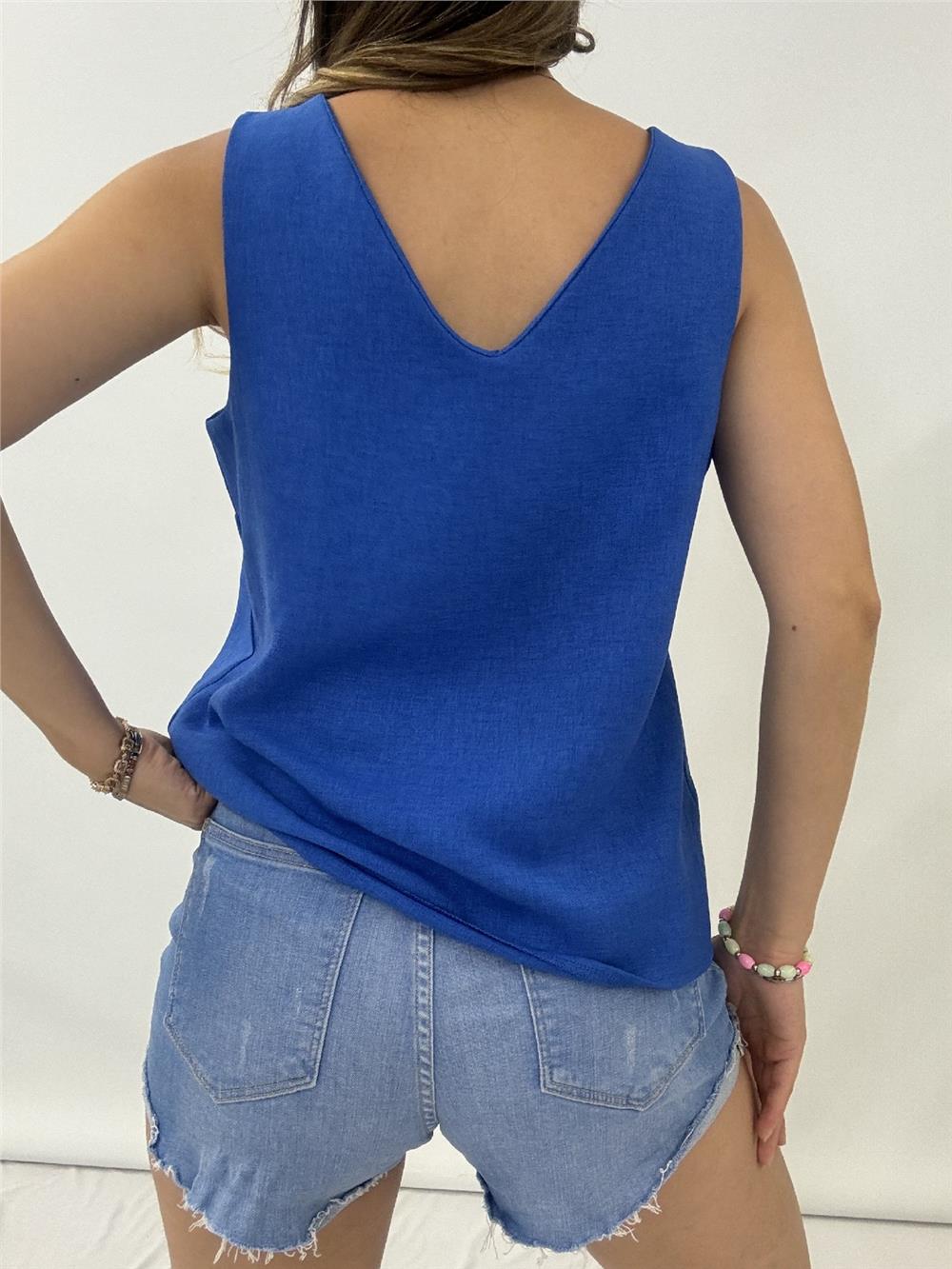 V-Neck Zero Sleeve Linen Blouse -Sax-246-2639-R10