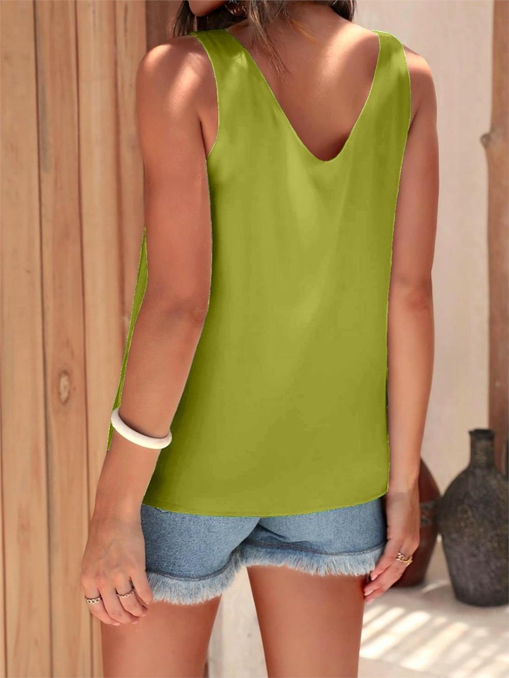 V-Neck Zero Sleeve Satin Blouse -Oil Green-349-5083-R72