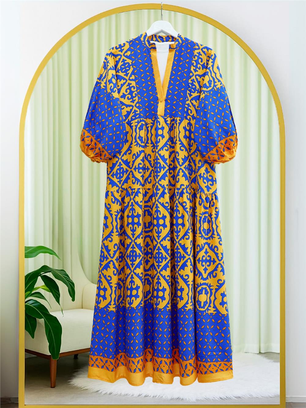 V-Neck Bat Sleeve Piece Viscose Dress -Orange-246-3656-R16