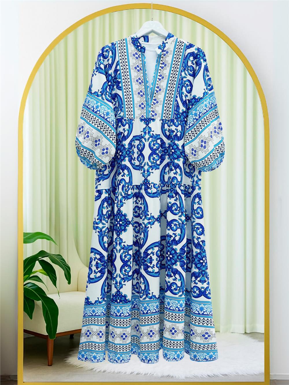 V-Neck Bat Sleeve Piece Viscose Dress - Dark Blue-246-3656-R26