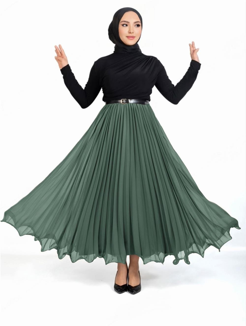 Volanlı Beli Lastikli Şifon Pliseli Etek -Mint-118-7105-R24