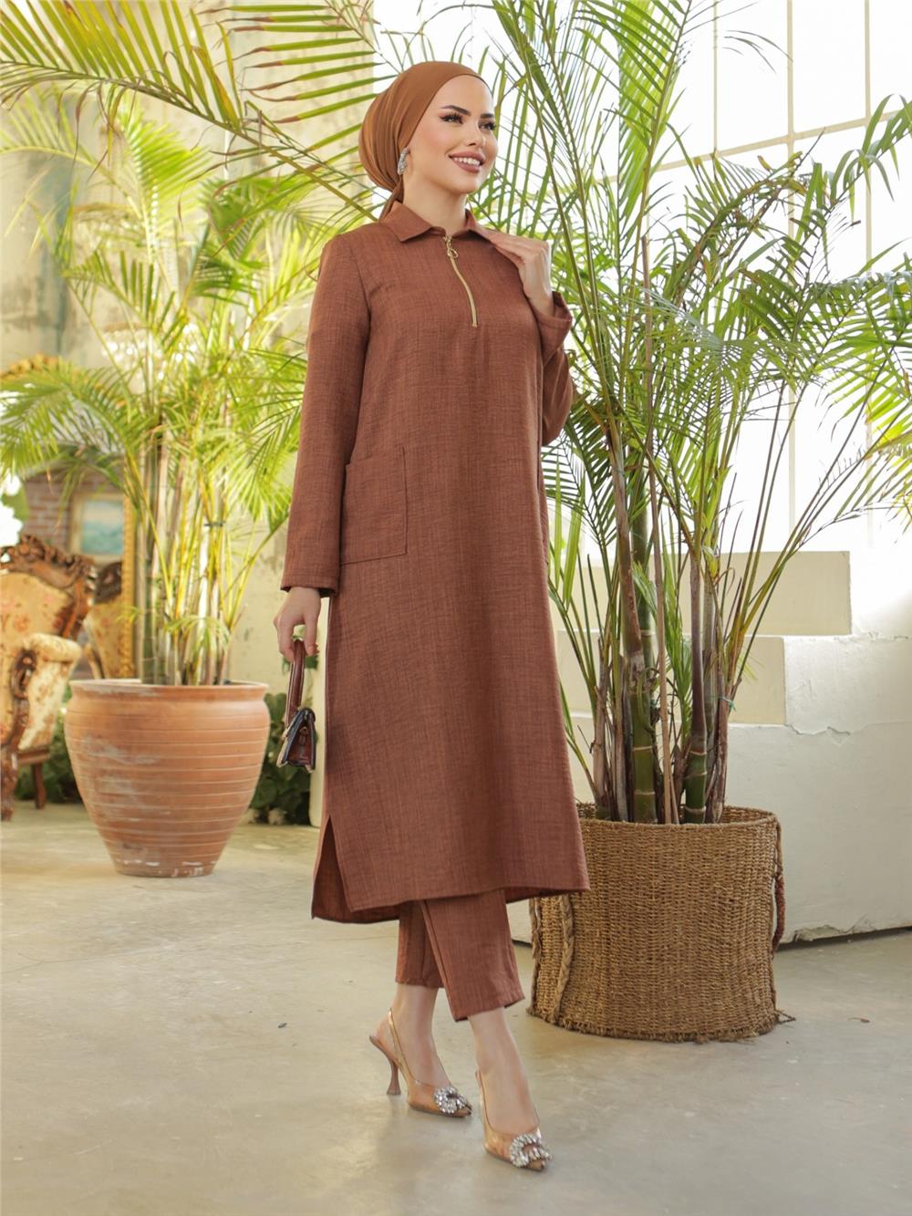 Long Linen Tunic with Collar Zipper and Bag Pockets - Brown-186-477-R15