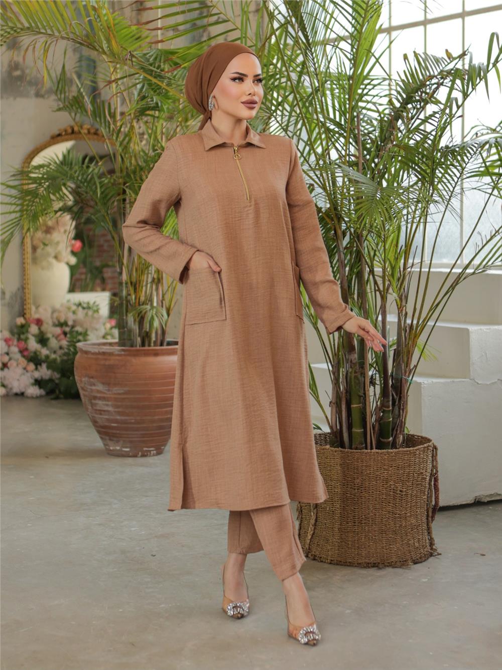 Long Linen Tunic with Collar Zipper and Bag Pockets -Mink-186-477-R23