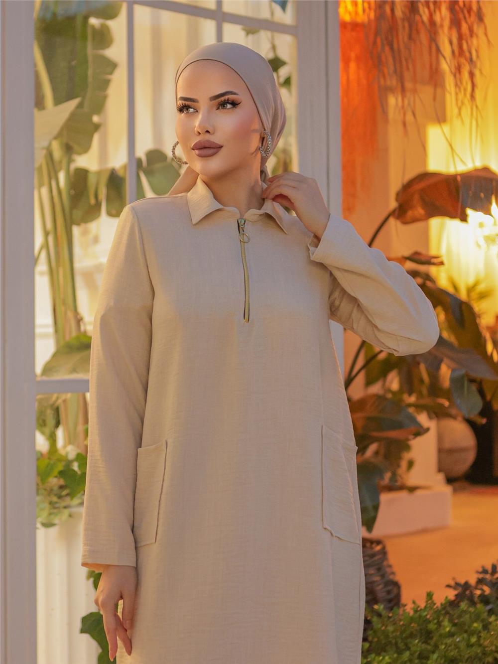 Long Linen Tunic with Collar Zipper and Bag Pockets - Cream-186-477-R28