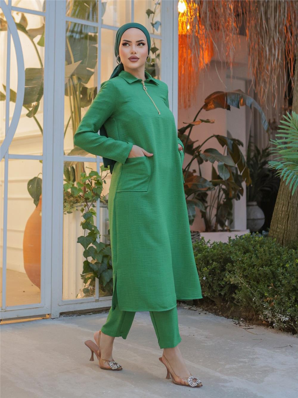 Long Linen Tunic with Collar Zipper and Bag Pockets -Green-186-477-R35