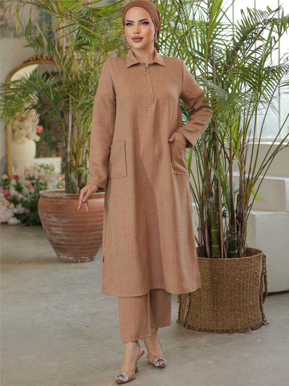 Long Linen Tunic with Collar Zipper and Bag Pockets -Mink-186-477-R23