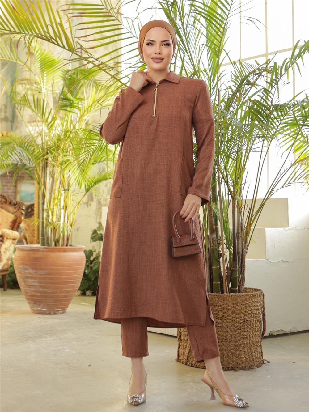 Long Linen Tunic with Collar Zipper and Bag Pockets - Brown-186-477-R15