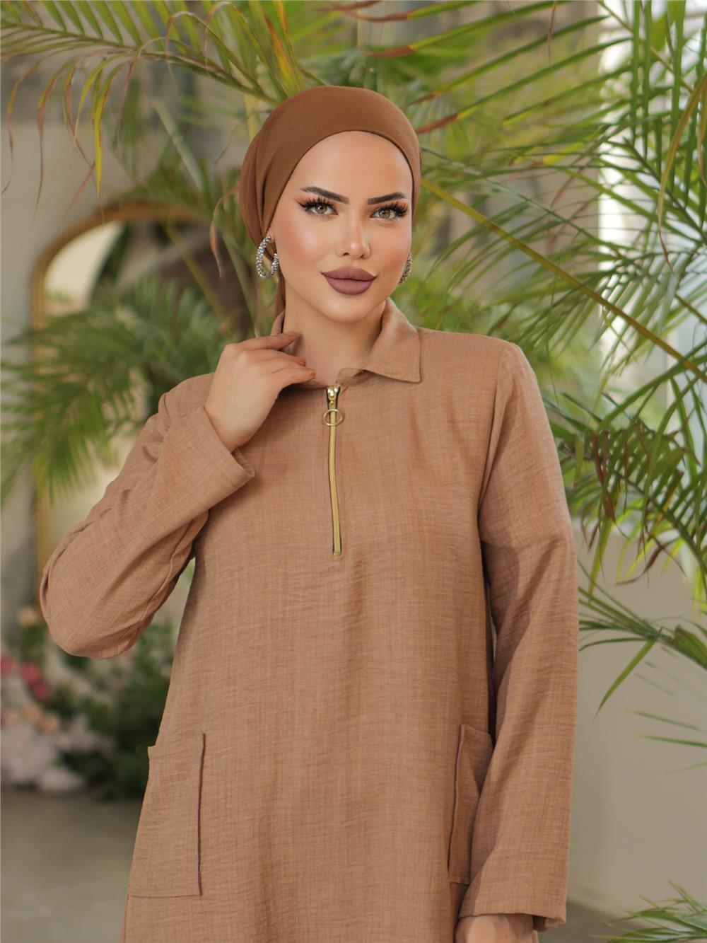 Long Linen Tunic with Collar Zipper and Bag Pockets -Mink-186-477-R23