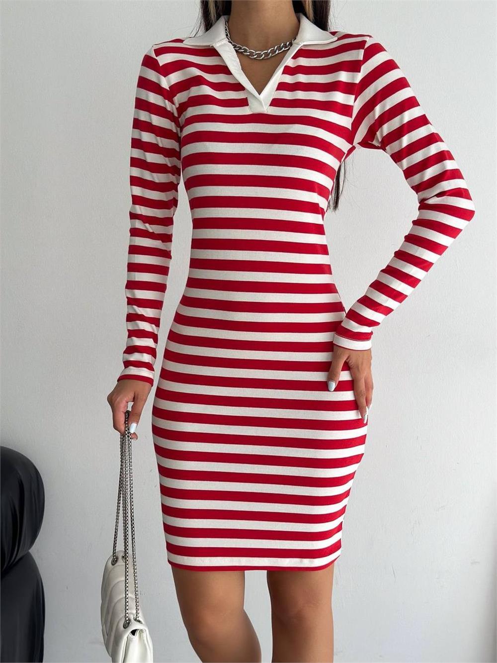 Collared Striped Long Sleeve Dress -Red-372-9873-R33