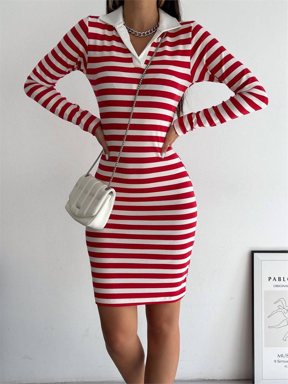 Collared Striped Long Sleeve Dress -Red-372-9873-R33