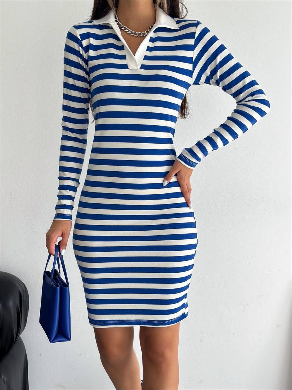 Collared Striped Long Sleeve Dress -Blue-372-9873-R31