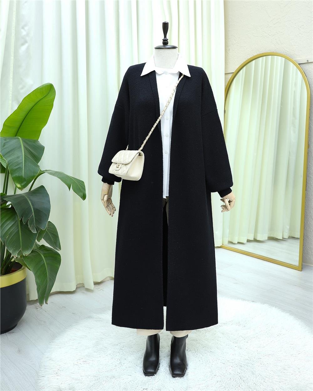 Yakalı Uzun Salaş Yumoş Hırka -Siyah-385-3814-R01