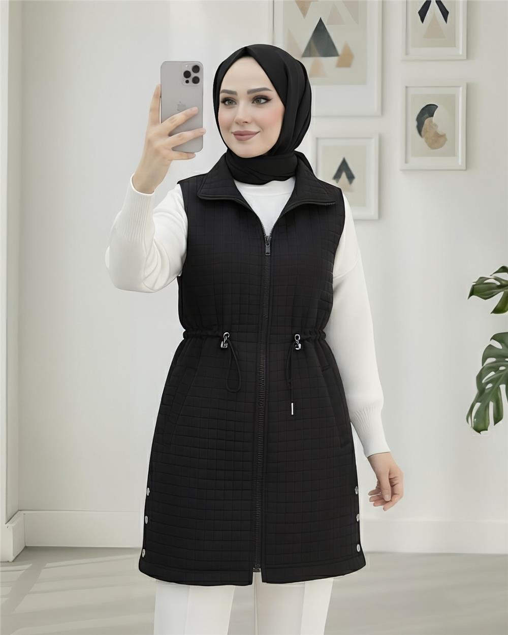 Yakası Bağcıklı Beli Lastikli Cepli Kapitone Yelek -Siyah-332-71210-R01