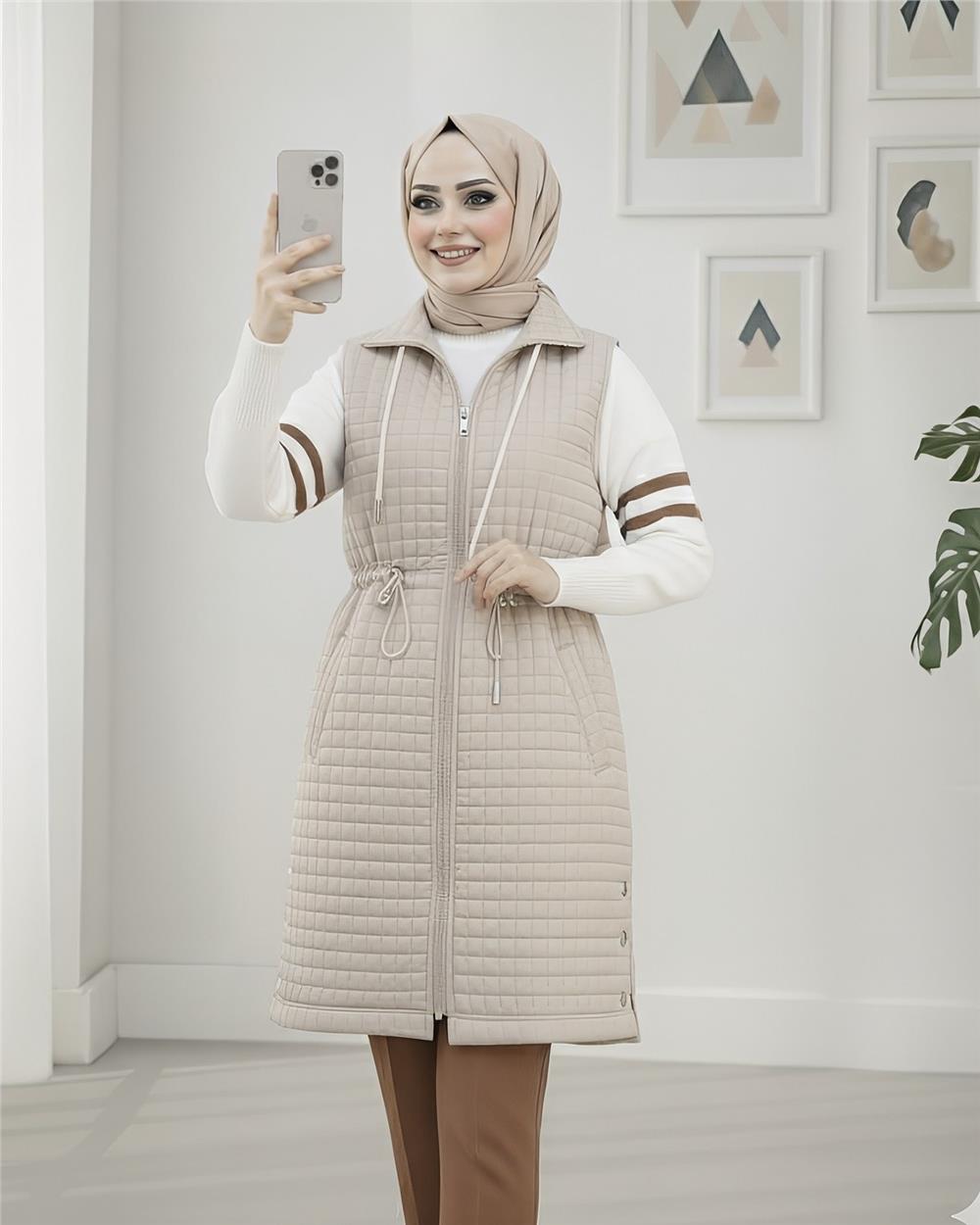 Yakası Bağcıklı Beli Lastikli Cepli Kapitone Yelek -Taş-332-71210-R43