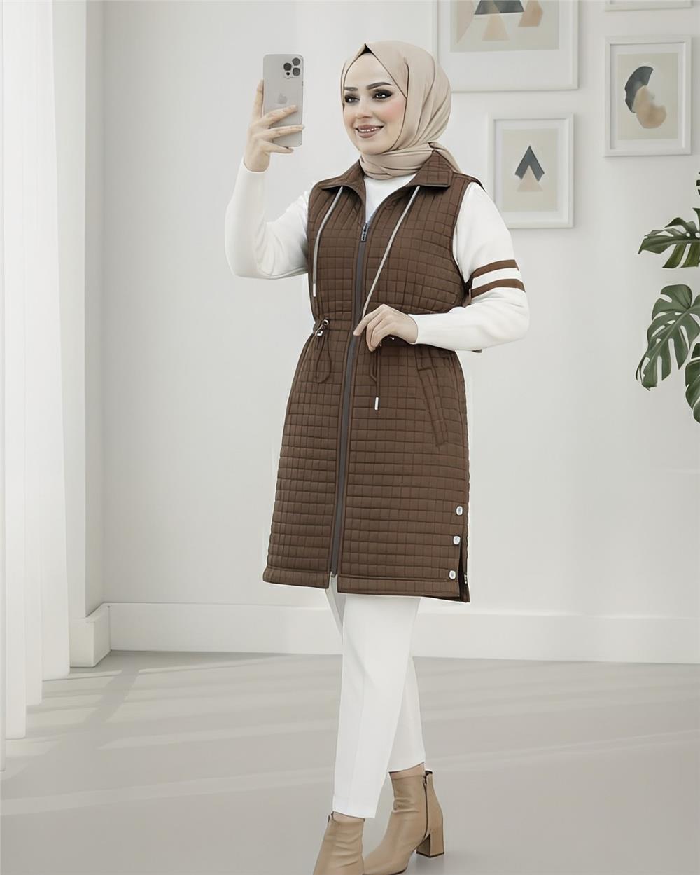Yakası Bağcıklı Beli Lastikli Cepli Kapitone Yelek -Kahve-332-71210-R15