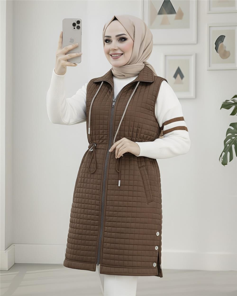 Yakası Bağcıklı Beli Lastikli Cepli Kapitone Yelek -Kahve-332-71210-R15