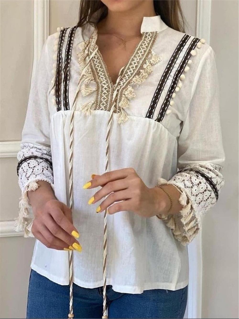 Tasseled Blouse with Laced Collar and Lace Sleeves -White-364-5154-R02