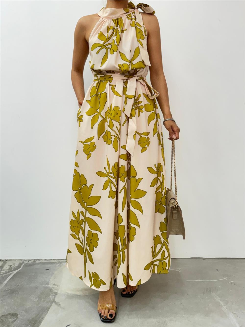 Tie Collar Belted Long Dress with Pockets -Beige-246-3690-R56