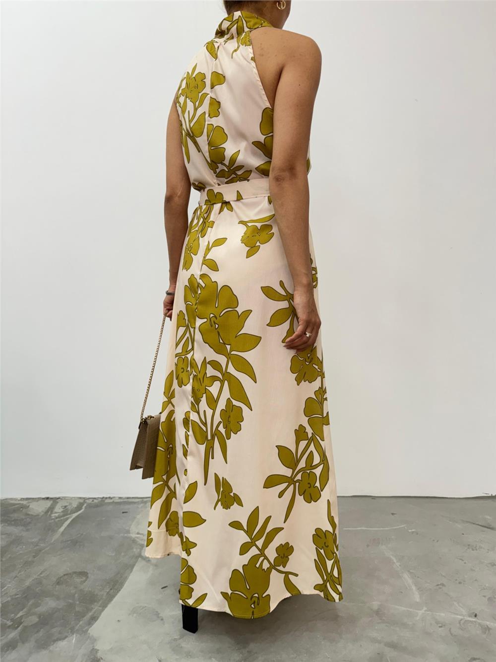 Tie Collar Belted Long Dress with Pockets -Beige-246-3690-R56