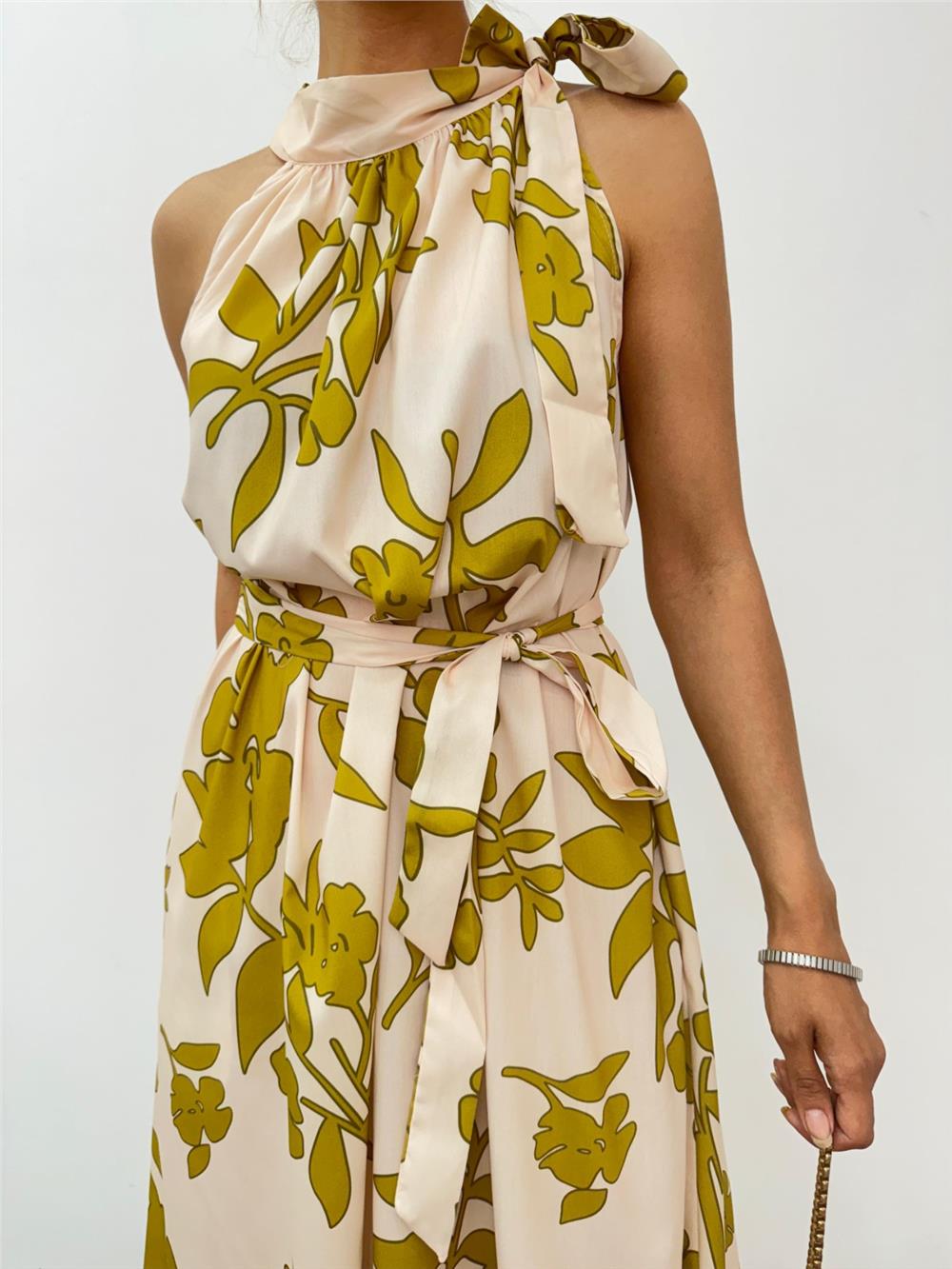 Tie Collar Belted Long Dress with Pockets -Beige-246-3690-R56