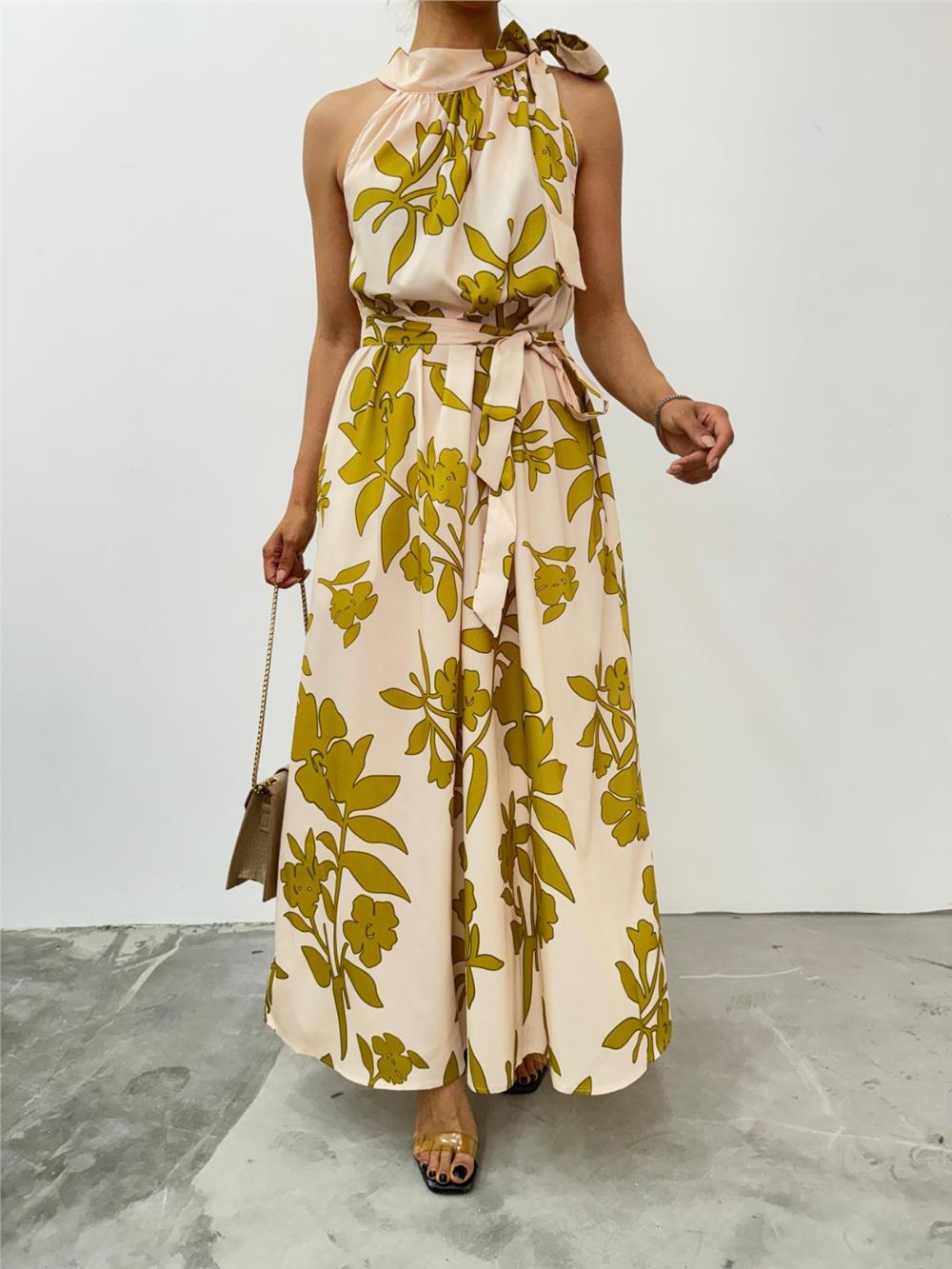 Tie Collar Belted Long Dress with Pockets -Beige-246-3690-R56